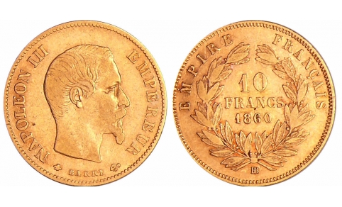 Francia, Napoleone III, 10 Franchi 1860 BB (Strasburgo) SPL